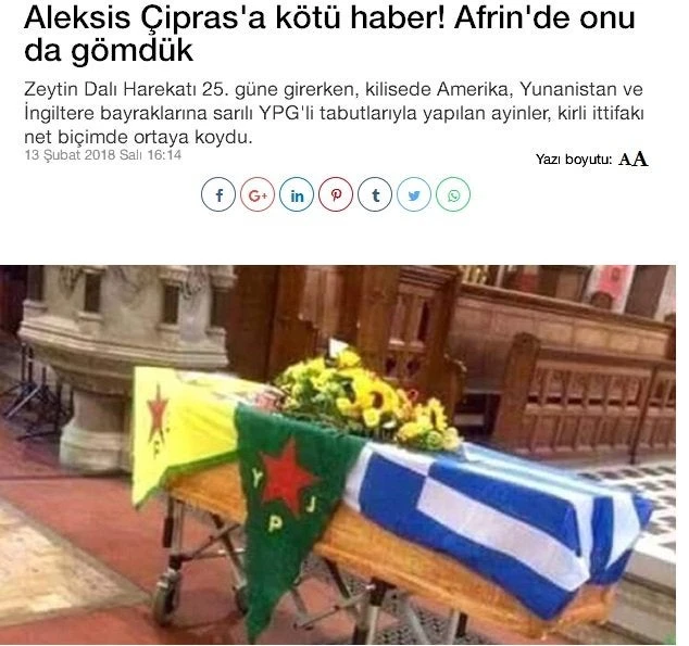 Βρέθηκε ελληνική σημαία σε φέρετρο Κούρδου στην Αφρίν – «Βλέπει» συμμαχία Ελλήνων και YPG η Αγκυρα!